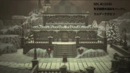 Early development screenshot of Kaldena standing in front of the Sacred Guard Headquarters