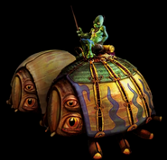 Render art of a portly Mudokon riding a Meetle, adorned with colorful ornamentation.