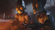 Alf and Toby sitting near a fire