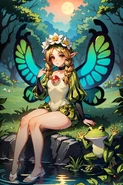 Mercedes Artwork from Civitai Website, this pictures shows her sitting on a nearby pond as she dips her shoes in the water along with frog ingway
