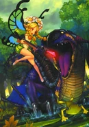 Mercedes fighting dragon belial while ingway leaps down below in the scene through the waters of swamps shown as frog in the picture.