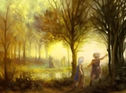 This picture shows 2 human figures in the middle of the forest that has a river which can be seen around it and these 2 human figures are presumed to be the images of gwendolyn and oswald together just right after the  event, that one human figure that lends a hand to one another is likely to be oswald lending his hand to gwendolyn.
