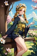 Mercedes Artwork from Civitai Website, this picture shows her wearing a shortened east asian traditional clothing of kimono while sitting and posting on a bench with a mountain on her background (this is an impression of eastern culture outfit of her)