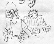 A drawing of the Batter with many eyes and Zacharie with a large sweater neck.