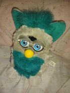 A Green Bean Furby with white eyelashes