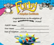 Furby Cert.jpg (75 KB) A Furby adoption certificate which could be printed from the official Furby website. This certificate was filled in by a PhotoBucket user.