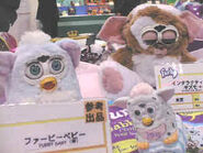 A prototype Furby baby near a Furby Chatterlink and a Gizmo Furby