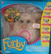 A German 2005 Furby's box with a sticker advertising the Furby Island movie