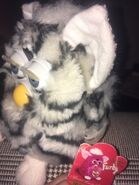 Zebra Furby displaying a Valentine's Day Furby tag
