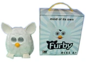 A Phoebe with its box that has the Furby logo instead of the Phoebe logo.