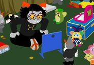 Jentha playing Connect One (a Connect Four parody) while in her room are visible a funtime furby handheld and 3 furbys: jester, frog, and witches cat furby