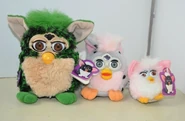 An adult Furby, a Furby Buddy, and a Hair Baby (from left to right)