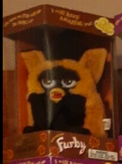 A boxed Autumn Furby with its mouth open