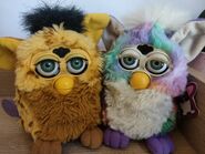 Lizard Furby next to Tie Dye Furby