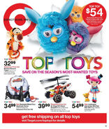 Three CGI Furbys appearing in a Target magazine (the orange Furby seen on this page doesn't actually exist)