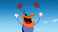 In revised version Dee Dee holding dual flyswatters.