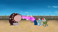 Bob gives Oggy a giant revolver that shoots plungers in new version.