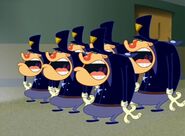 In the original version, the cops are singing with their eyes closed.