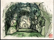 Concept art of the entrance to the Tsuta Ruins located in the forest.