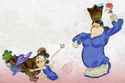 Mushi and Hayabusa running from Mushi's Mama after stealing a turnip.