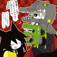 This drawing is based on a Japanese meme. Fungas: "Chlomaki... this isn't "good-afternoon-wani," this is "good-evening-wani." And this is an ancient meme, you know." Chlomaki: "Oh come on, it’s afternoon right now! Anyways forget that, I wanna play that crocodile dentist game!"