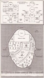 A detailed map of the grounds and inner rooms of the Abhorsen's house, drawn in a plain style, with text labeling each of the rooms and notable features.