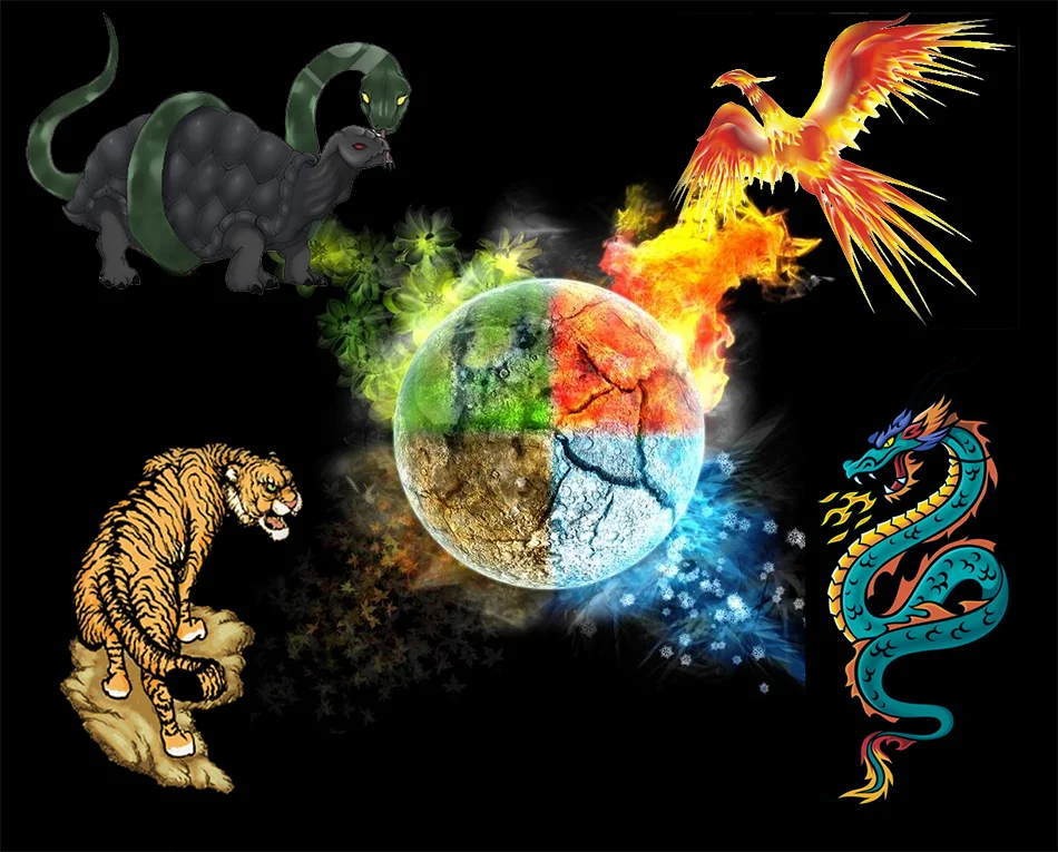 Год тигра 2025. Дракон тигр черепаха Феникс. Стихии природы животные. Небесные животные фэн-шуй. Животные стихии земли.