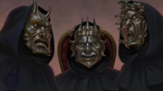As a judge of the dead, in the middle with a Hades mask