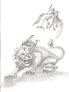 Bellerophon, riding Pegasus, attempts to kill the Chimera (black & white)