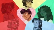 Percy, Annabeth, Nico, Reyna, Calypso, and Hazel