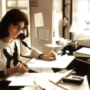Denise Olivetti at her OmniPark drafting desk, circa 1977