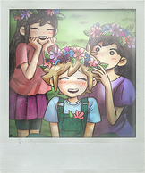 (4/21): SUNNY and KEL gave up on making flower crowns and ran off, but AUBREY and I got the hang of it really fast! Everyone thinks a flower crown really suits me. Maybe just a flower is okay.