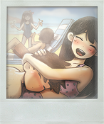 (6/22): HERO sleeping on MARI. He's all tired out from swimming. Well... It seems like MARI won't be able to get her summer tan after all.