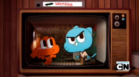 Em A Pegadinha, os bigodes de Gumball estão faltando numa parte de seu rosto.