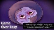 An unfinished version of the game over easy screen that appears in the old version of One Night at Flumpty's developer commentary, along with text explaining it.