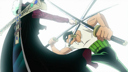 Mihawk ferma l'attacco di Zoro.