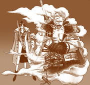 Hiwa watches as Smoker defeats the bomber pirate.