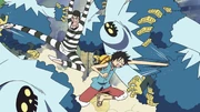 Bentham e Luffy lutam com Blugoris.
