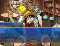 Niseluffy and his conspirators after being defeated by Luffy and Zoro.