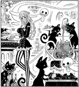 Perona et des chats préparant de la sangria en utilisant le vin de Mihawk (couverture du chapitre 925).