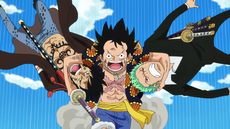 Luffy agarra a Law y Zoro