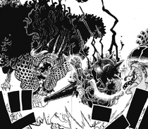 Kaidou frappe Luffy après intervention de Guernika