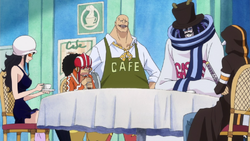 Law, Caesar, Usopp y Robin disfrazados