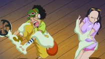 Usopp and Robin Trapped in Peseta's Adhesive