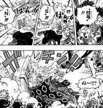 Kid atribuindo polaridades magnéticas inversas a Big Mom e a uma parede atrás dela.