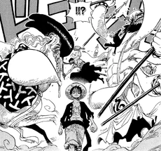 Zoro y Sanji bloqueando a Dosun e Ikaros Much.