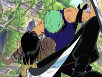 Zoro catches Robin after she is electrocuted by Enel.
