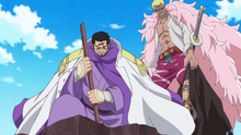 Fujitora y Doflamingo llevando a Law