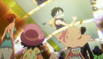 Luffy is caught by security.