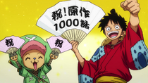 Side by side comparison of Nami and Luffy from the colors spreads from Chapter 100 (1999) and Chapter 1000 (2021), showing decidedly different proportions in character design, particularly with the foreheads, hands